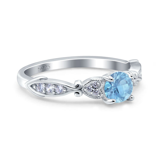 Heart Filigree Art Deco Round Simulated Aquamarine CZ Wedding Bridal Ring