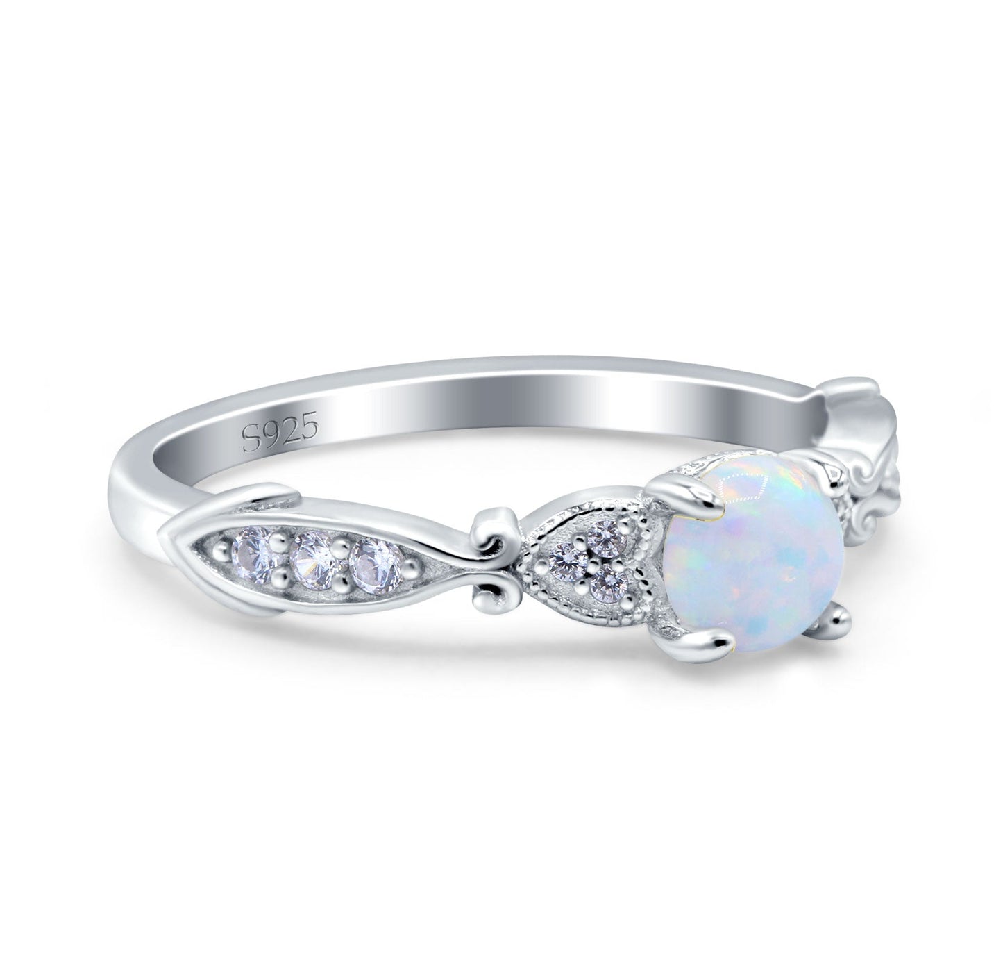 Heart Filigree Art Deco Round Lab Created White Opal Wedding Bridal Ring