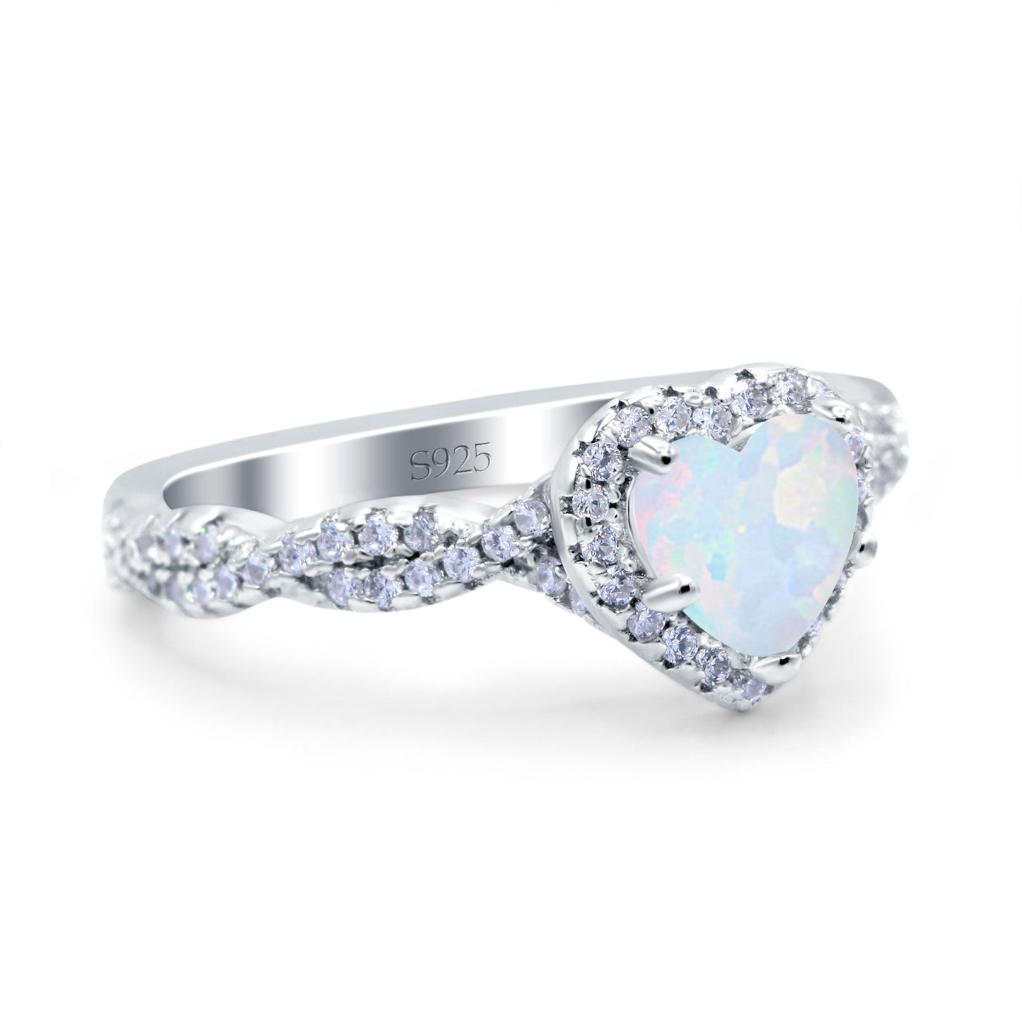 Art Deco Heart Infinity Lab Created White Opal Wedding Bridal Ring