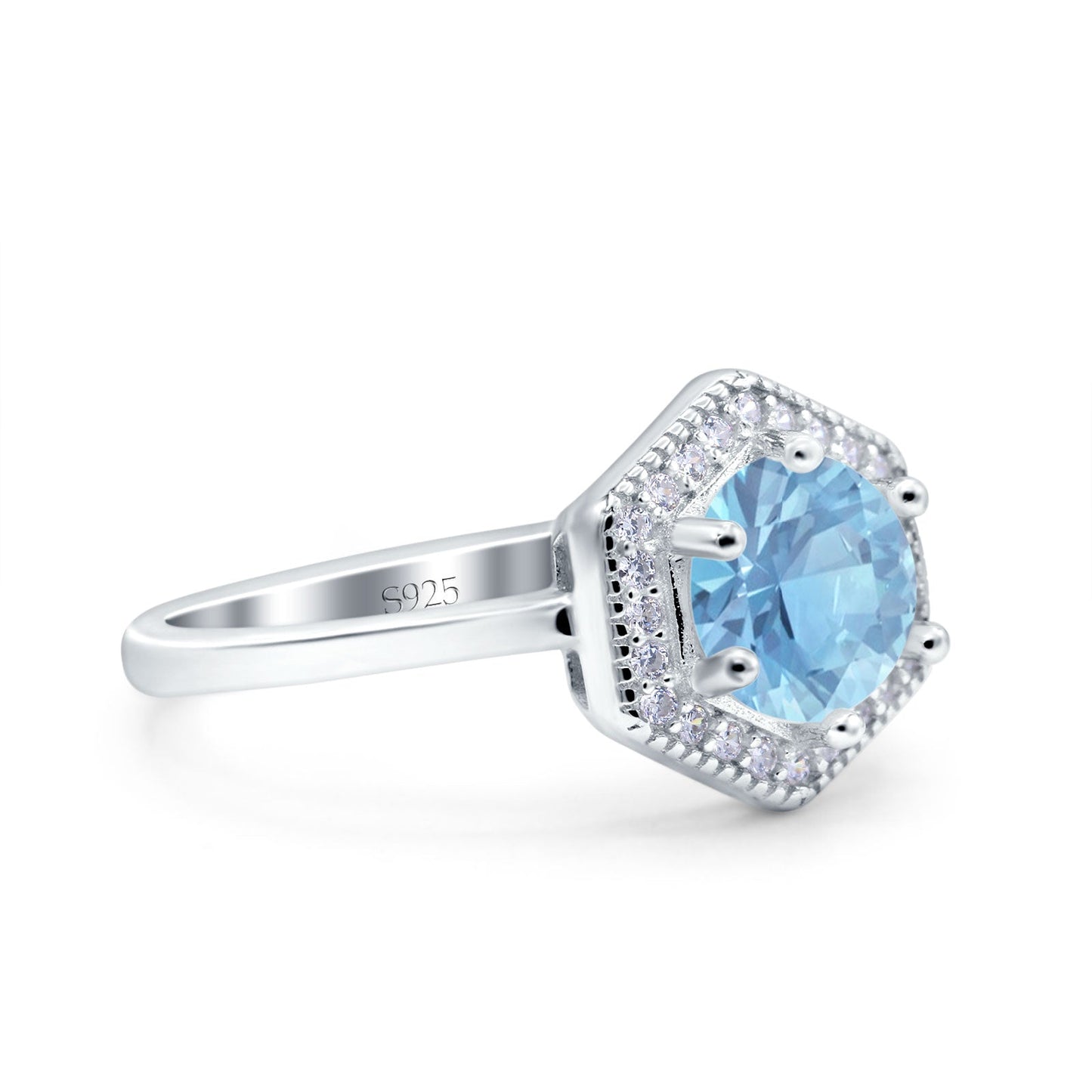 Art Deco Hexagon Shape Round Simulated Aquamarine CZ Wedding Bridal Ring