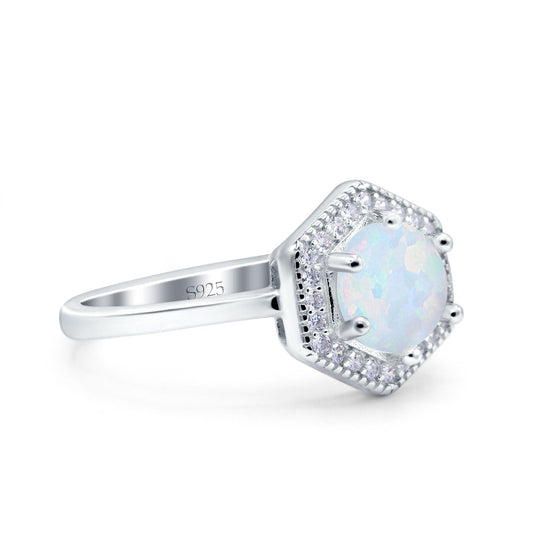 Art Deco Hexagon Shape Round Lab Created White Opal Wedding Bridal Ring