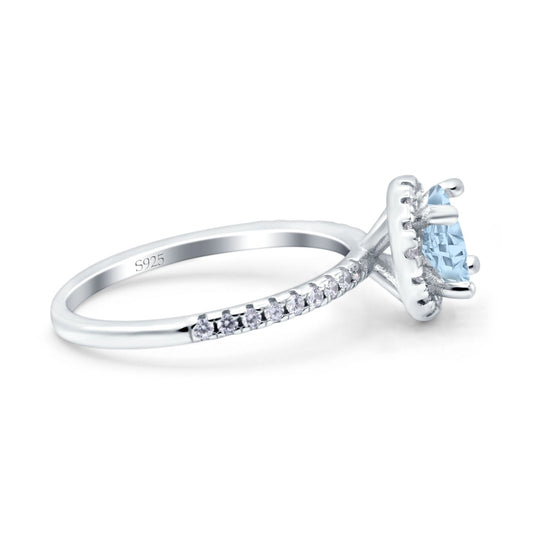 Halo Art Deco Round Simulated Aquamarine CZ Engagement Wedding Ring