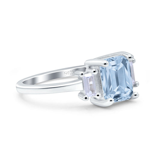 Emerald Cut Art Deco Three Stone Simulated Aquamarine CZ Wedding Ring