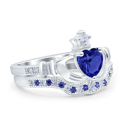 Claddagh Accent Heart Band Simulated Blue Sapphire CZ Wedding Bridal Set Piece Ring