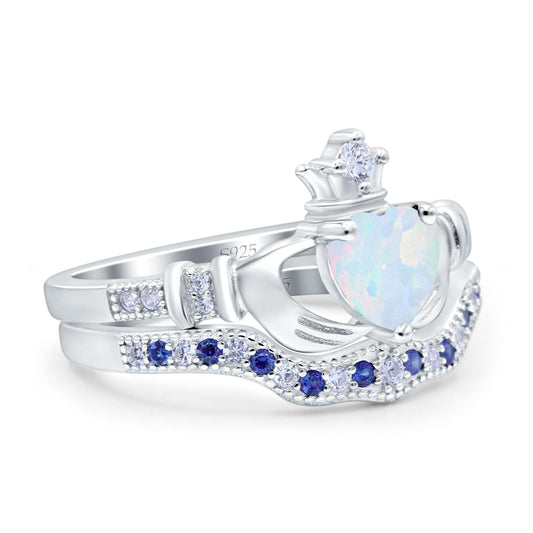 Claddagh Ring Bridal Piece Sapphire Created White Opal