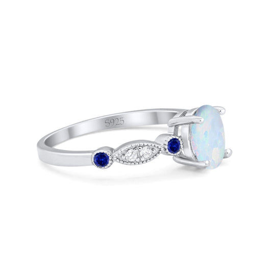 Vintage Style Oval Round Blue Sapphire Lab Created White Opal Bridal Wedding Ring