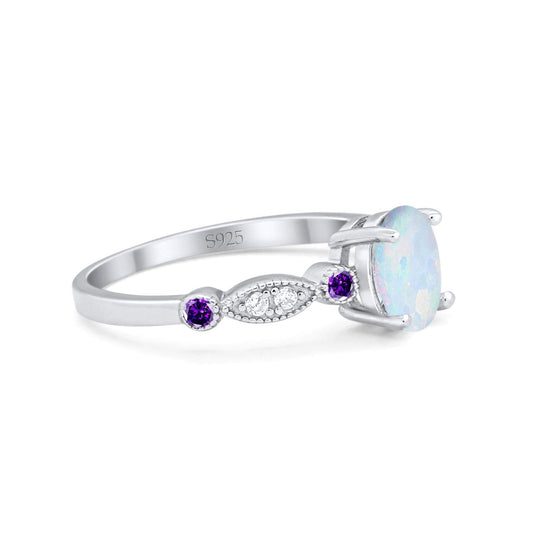 Vintage Style Oval Round Amethyst Lab Created White Opal Bridal Wedding Ring