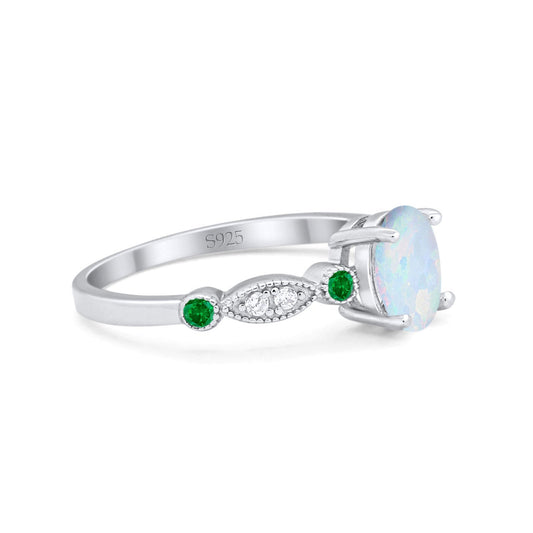 Vintage Style Oval Round Green Emerald Lab Created White Opal Bridal Wedding Ring