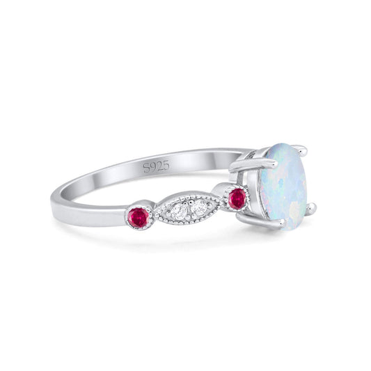 Vintage Style Oval Round Ruby Lab Created White Opal Bridal Wedding Ring