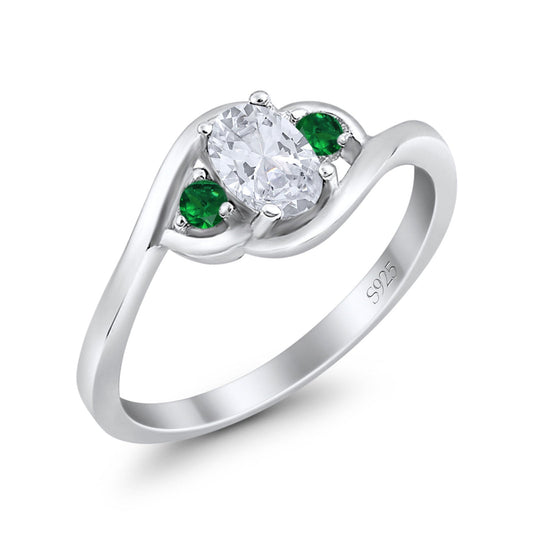 Three Stone Oval Cut Round Simulated Green Emerald Cubic Zirconia Engagement Ring