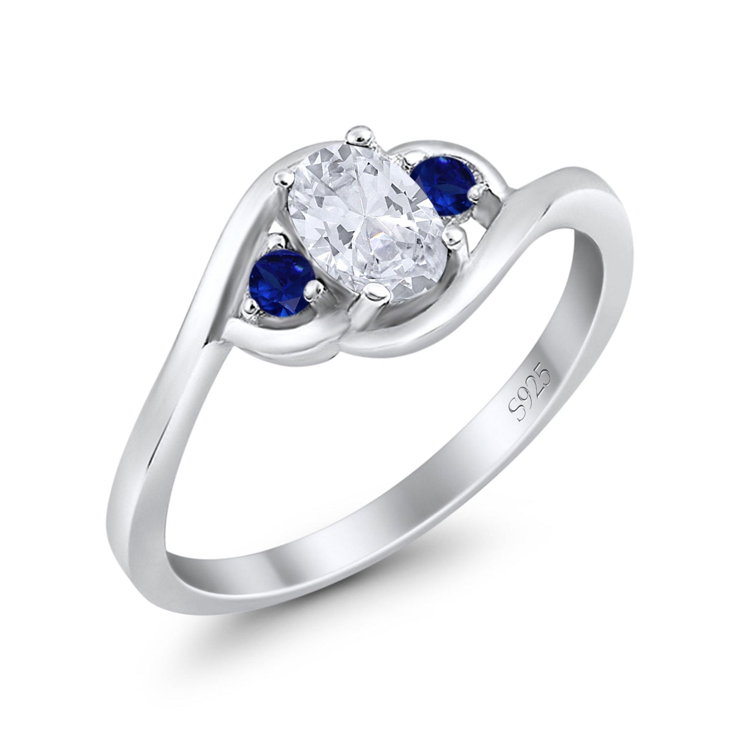 Three Stone Oval Cut Round Simulated Blue Sapphire Cubic Zirconia Engagement Ring