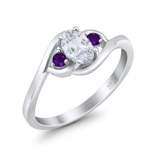 Three Stone Oval Cut Round Simulated Amethyst Cubic Zirconia Engagement Ring