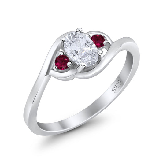 Three Stone Oval Cut Round Simulated Ruby Cubic Zirconia Engagement Ring