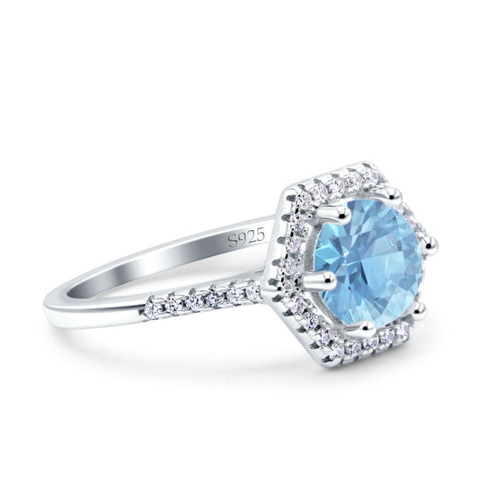 Art Deco Hexagon Round Simulated Aquamarine CZ Wedding Bridal Ring