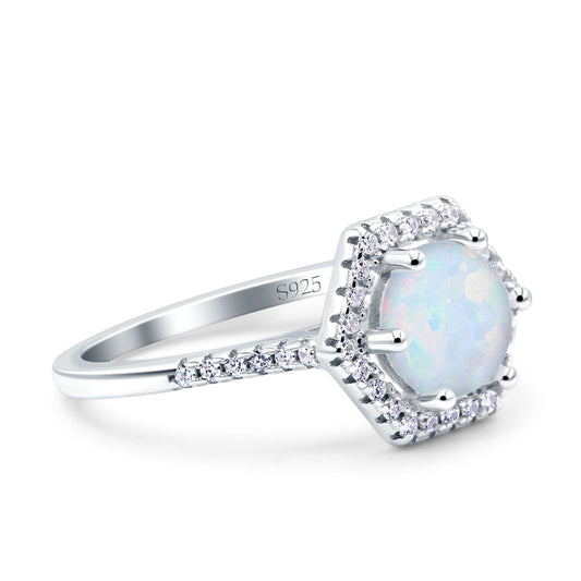 Art Deco Hexagon Round Lab Created White Opal Wedding Bridal Ring