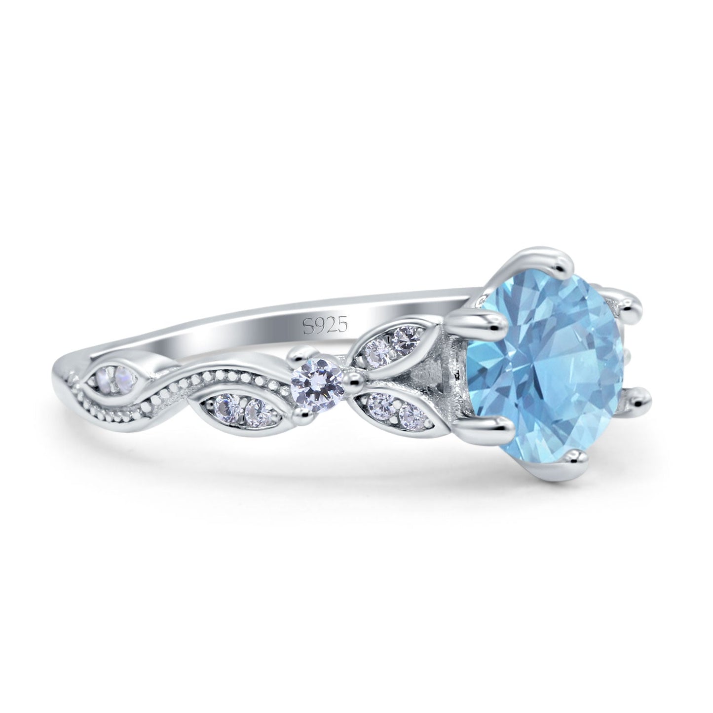 Vintage Style Round Marquise Design Simulated Aquamarine CZ Bridal Wedding Ring