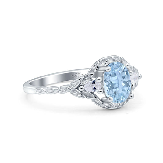 Art Deco Oval Vintage Style Simulated Aquamarine CZ Bridal Wedding Engagement Ring