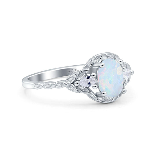 Art Deco Oval Vintage Style Lab Created White Opal Bridal Wedding Engagement Ring