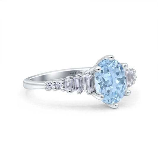 Vintage Style Oval Baguette Simulated Aquamarine CZ Bridal Wedding Engagement Ring