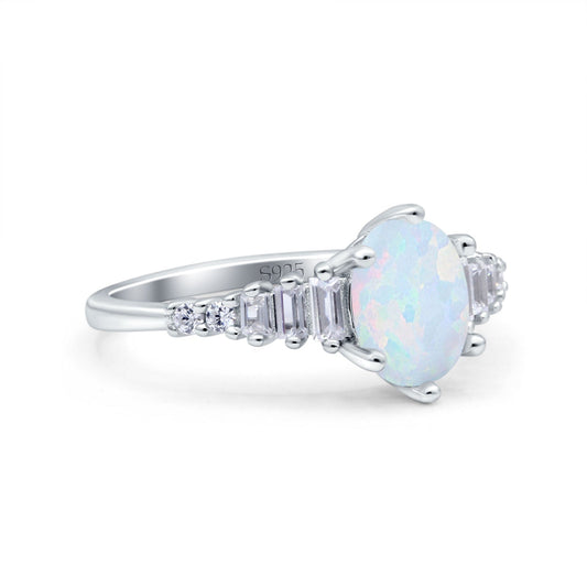 Vintage Style Oval Baguette Lab Created White Opal Bridal Wedding Engagement Ring