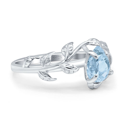 Art Deco Leaves Pear Vintage Style Round Simulated Aquamarine CZ Bridal Wedding Ring