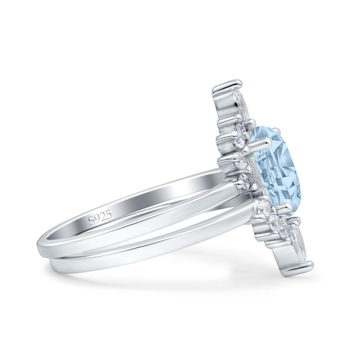 Two Piece Vintage Style Art Deco Wedding Bridal Set Ring Band Oval Simulated Aquamarine CZ