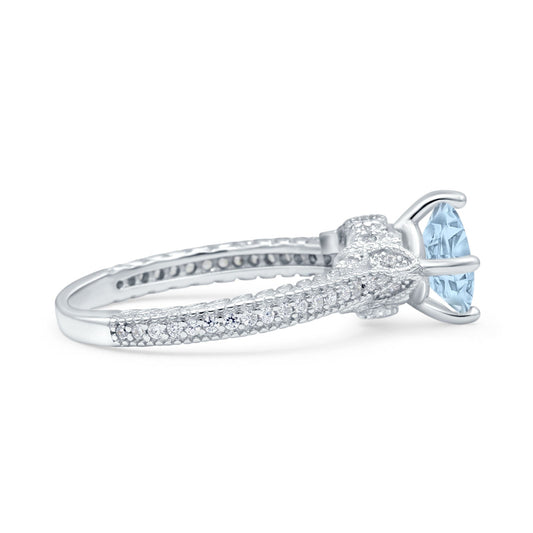 Art Deco Wedding Bridal Ring Round Simulated Aquamarine CZ