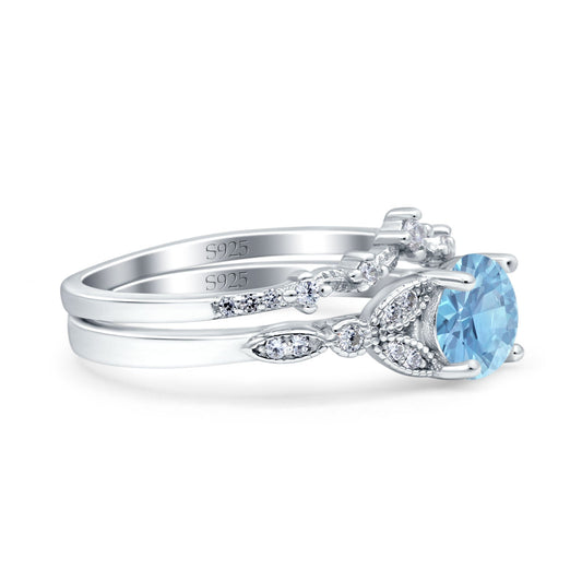 Two Piece Vintage Style Band Round Simulated Aquamarine CZ Wedding Bridal Set Ring