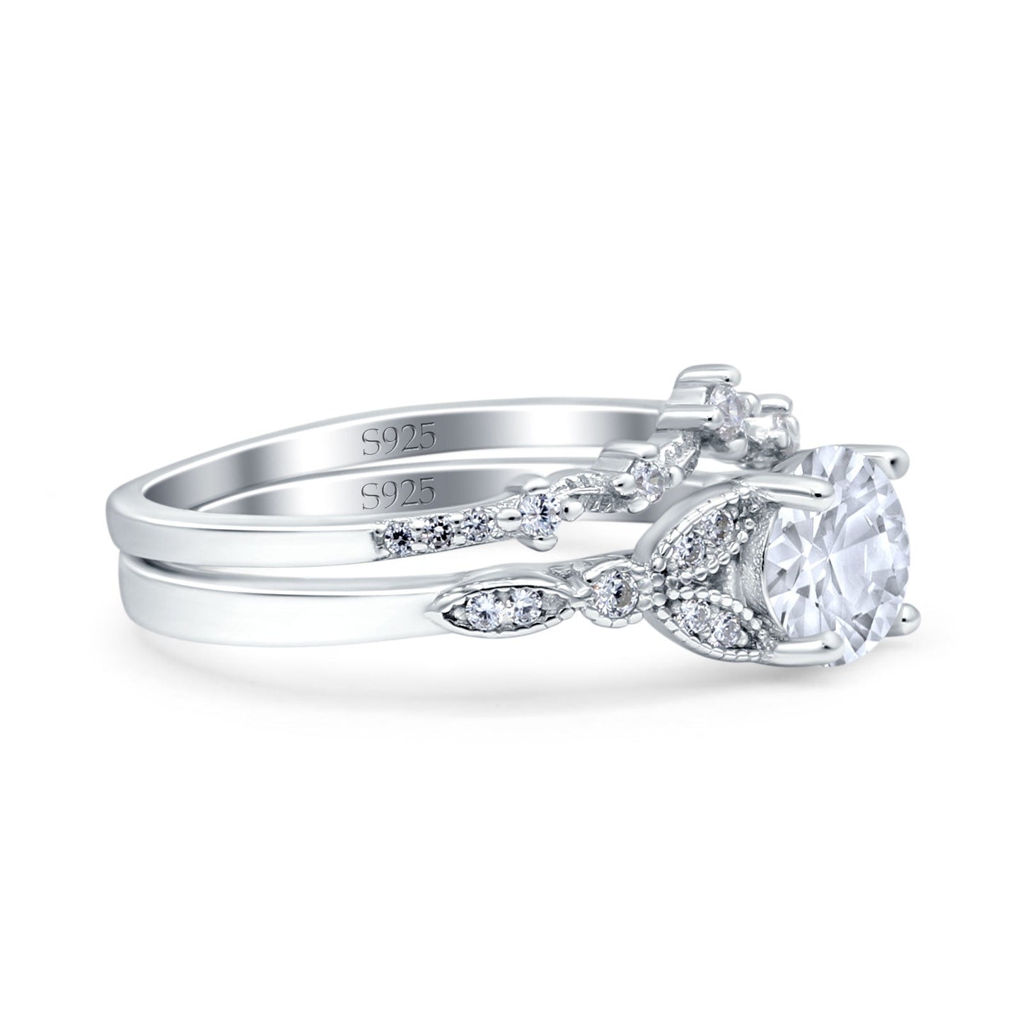 Two Piece Vintage Style Band Round Simulated Cubic Zirconia Wedding Bridal Set Ring