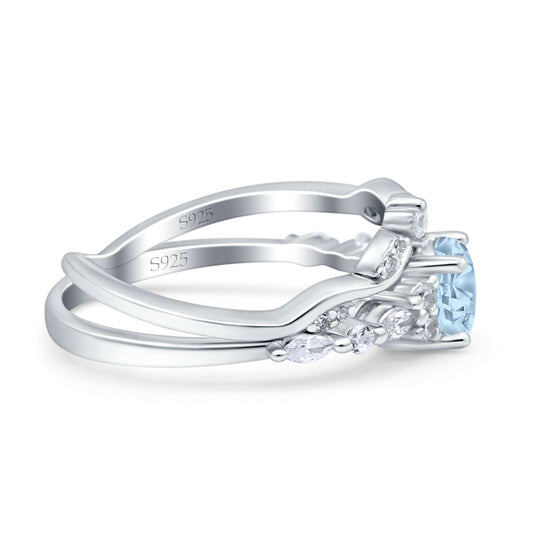 Two Piece Vintage Style Art Deco Round Simulated Aquamarine CZ Engagement Bridal Set Ring