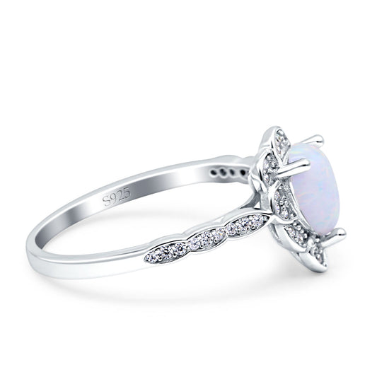 Teardrop Pear Shape Halo Lab Created White Opal Engagement Ring