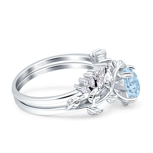 Art Deco Teardrop Pear Leaf Design Wedding Two Piece Ring Simulated Aquamarine CZ Stones