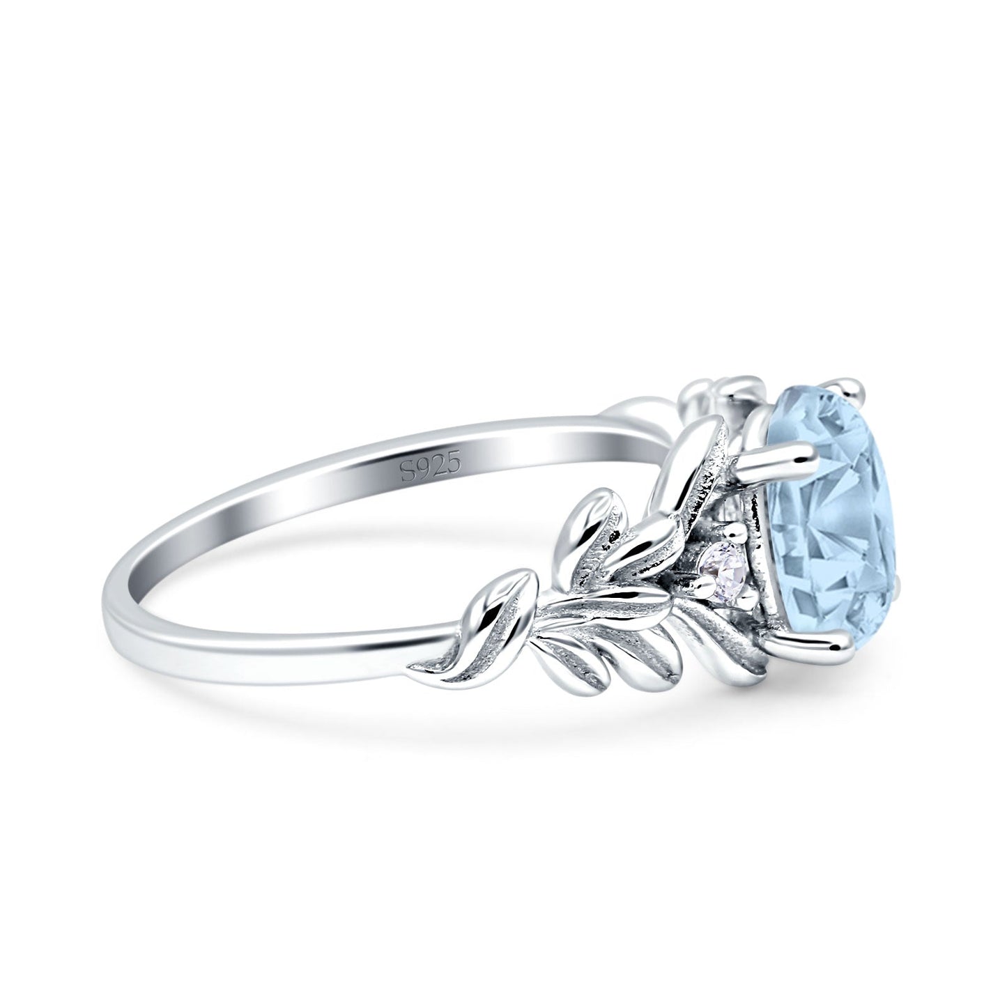 Leaf Style Oval Vintage Simulated Aquamarine CZ Engagement Ring