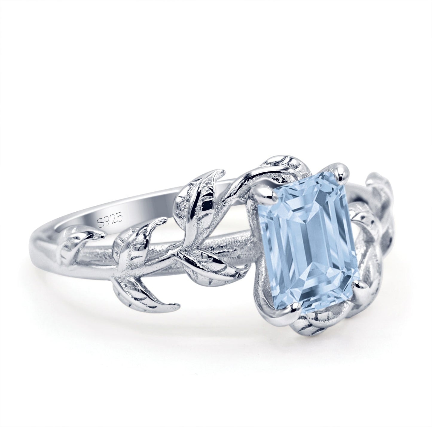 Art Deco Engagement Ring Natural Leaf Design Emerald Cut Simulated Aquamarine