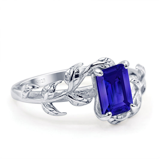 Art Deco Engagement Ring Leaf Simulated Blue Sapphire