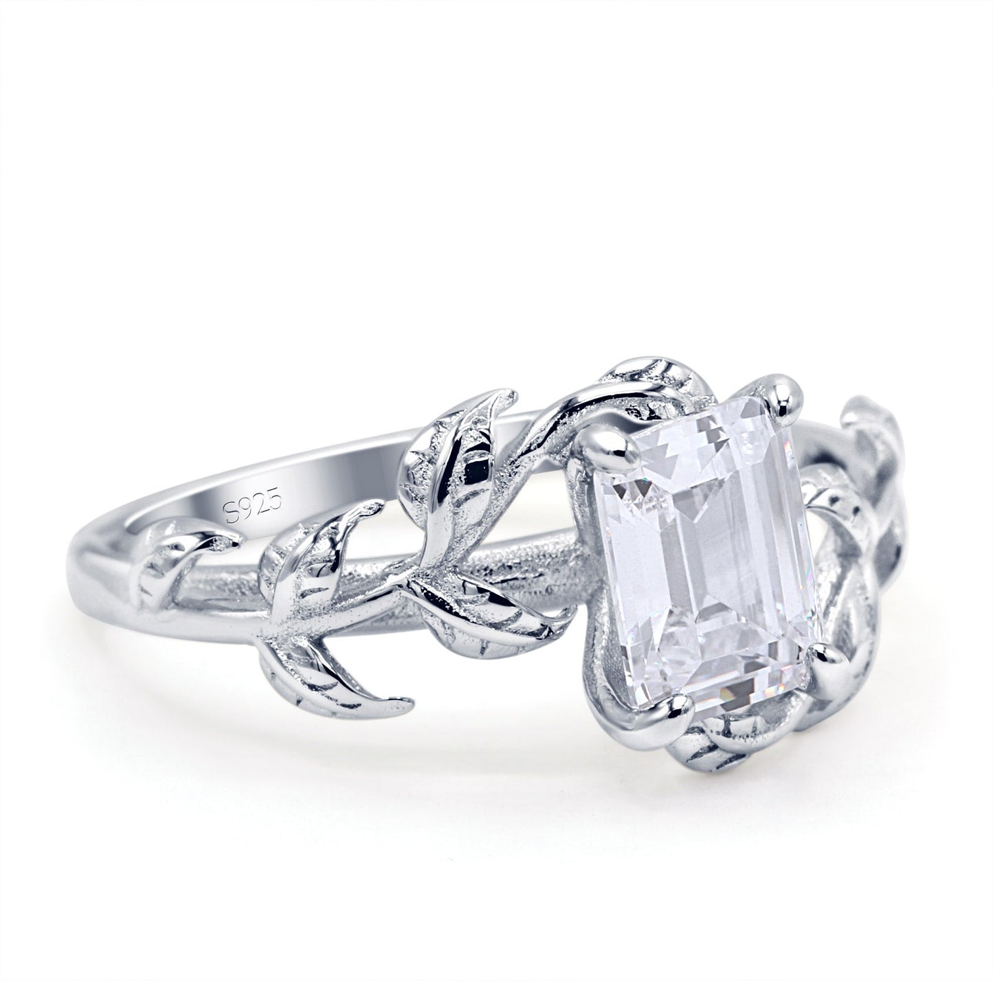 Art Deco Engagement Ring Natural Leaf Design Emerald Cut Cubic Zirconia