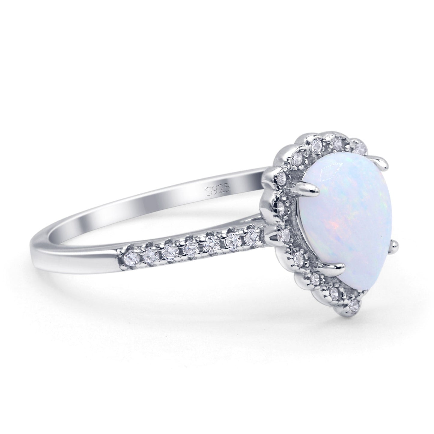 Teardrop Pear Vintage Style Halo Statement Ring Lab Created White Opal