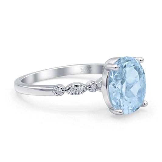 Solitaire Accent Oval Engagement Ring Simulated Aquamarine