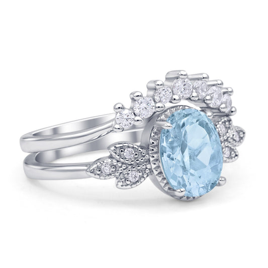 Vintage Style Band Oval Piece Bridal Set Ring Simulated Aquamarine