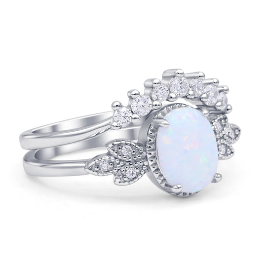 Vintage Style Band Oval Piece Bridal Set Ring Lab Created White Opal