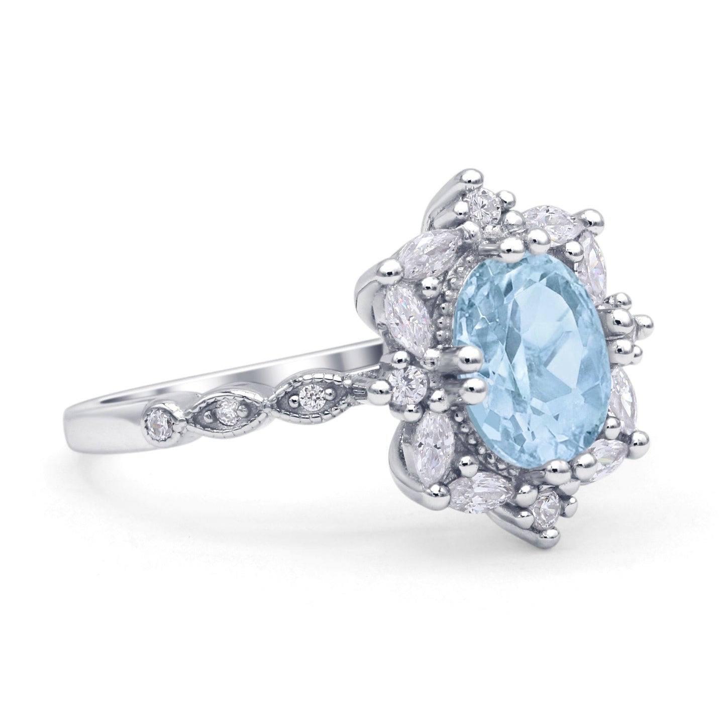 Oval Halo Ballerina Style Engagement Ring Simulated Aquamarine