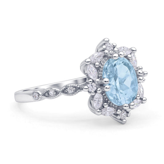 Oval Halo Ballerina Style Engagement Ring Simulated Aquamarine