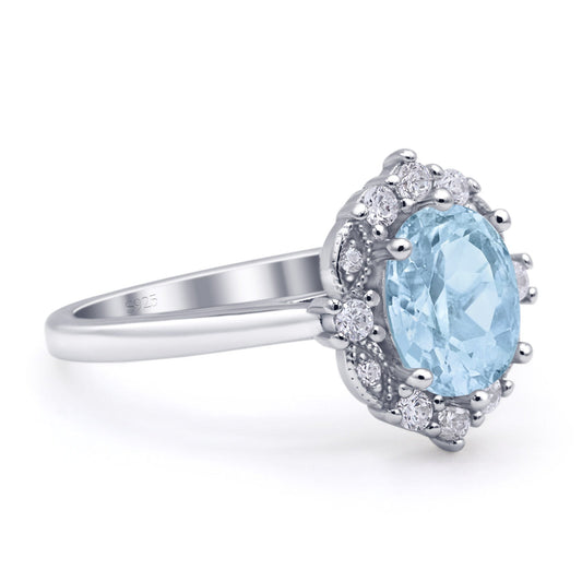 Halo Ballerina Style Oval Engagement Ring Simulated Aquamarine