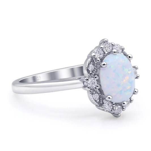 Halo Ballerina Style Oval Fashion Ring Lab Created White Opal