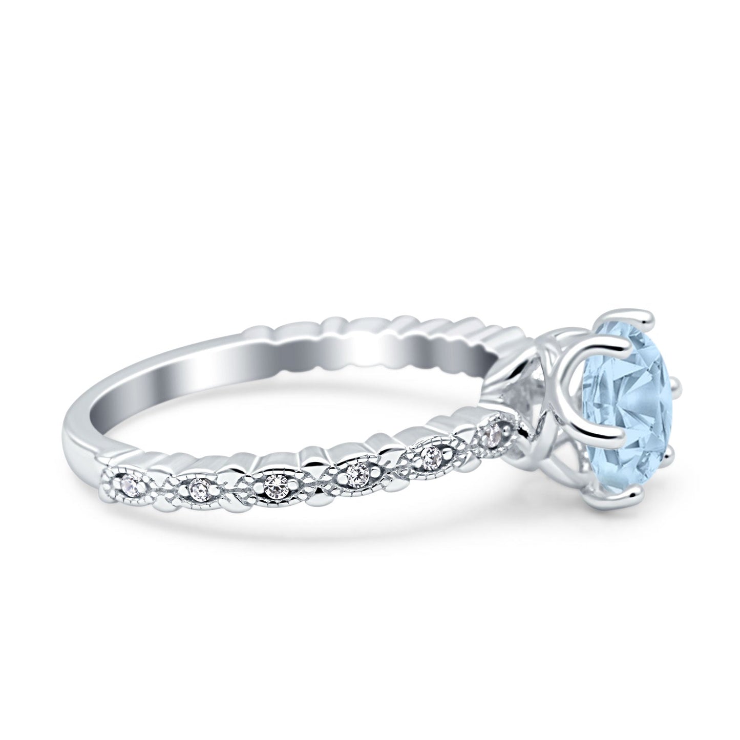 Art Deco Round Engagement Ring Simulated Aquamarine CZ