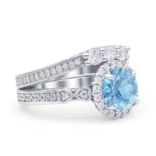 Halo Bridal Set Piece Round Wedding Band Ring Simulated Aquamarine