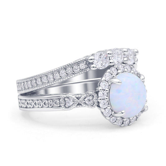 Halo Bridal Set Piece Round Wedding Band Ring Lab Created White Opal