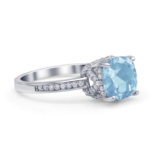 Elegant Hidden Halo Cushion Engagement Ring Simulated Aquamarine