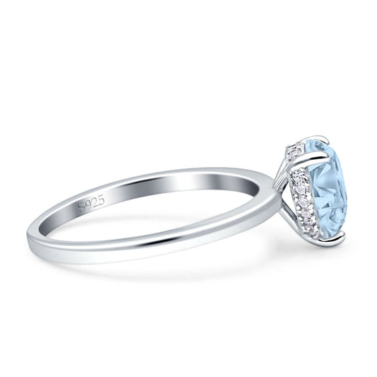 Solitaire Hidden Halo Teardrop Pear Engagement Ring Simulated Aquamarine