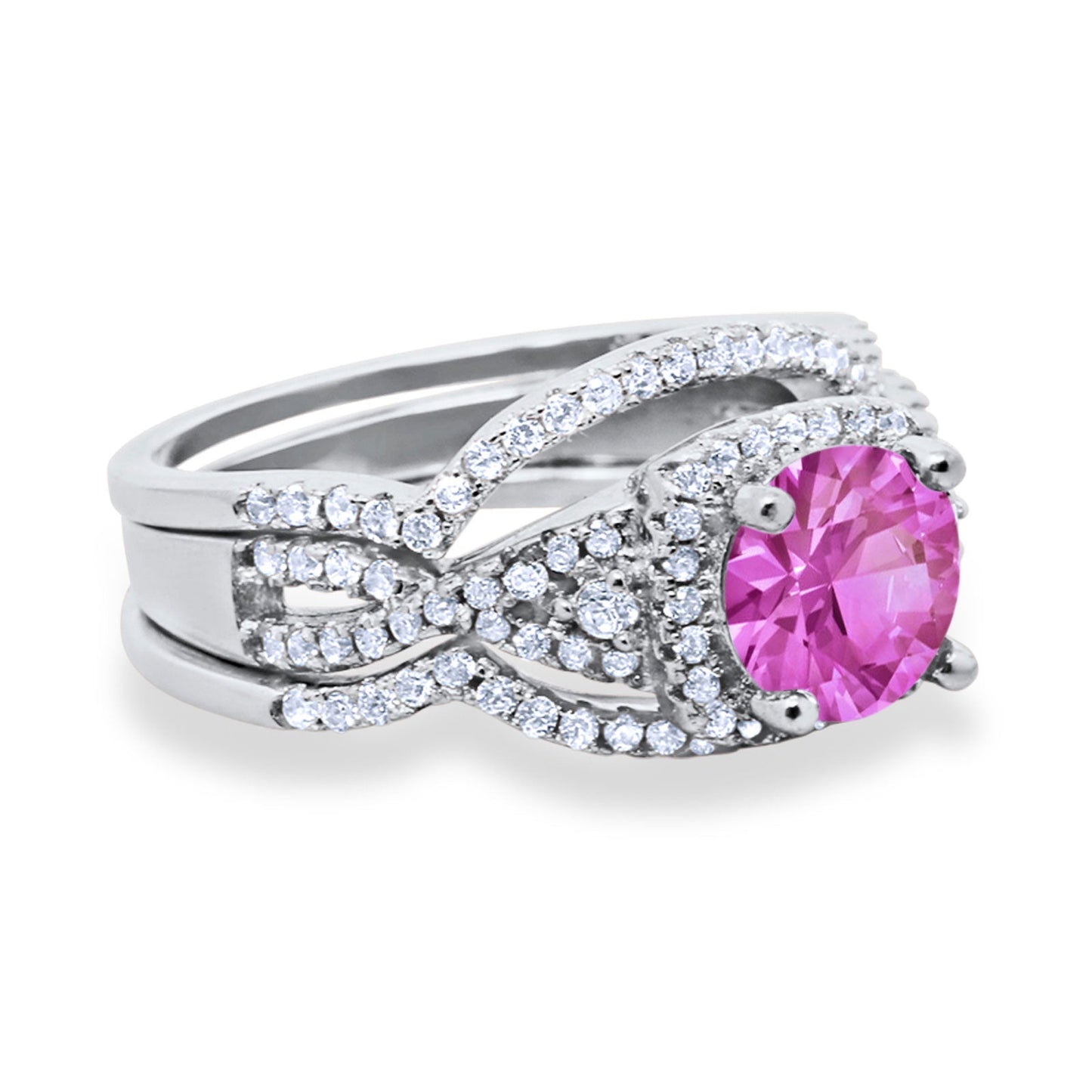 Halo Engagement Ring Three Piece Pink CZ